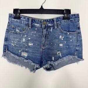 Free People Urban Outfitters Paint Splatter Denim Blue Jean Shorts Frayed Sz 25